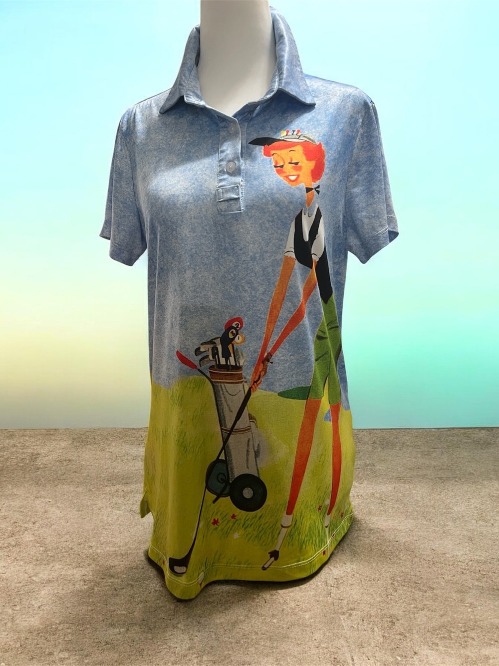 Novelty Golf-Print Polo Shirt in Light Blue & Green, Size Small, Acegolfs, EUC